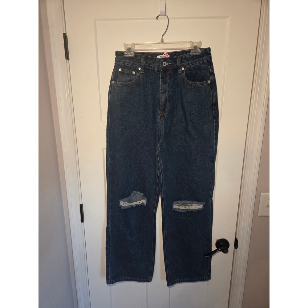 Beginning Boutique Robin Dark Blue Distressed Wide Leg Jeans